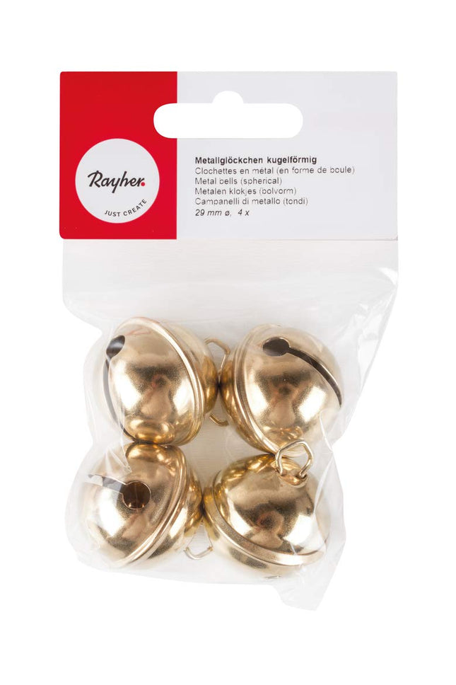 Rayher metal bells, spherical, 29 mm ø, gold, bag of 4 pieces, jingles, Christmas bells, 2503406, gold-colored