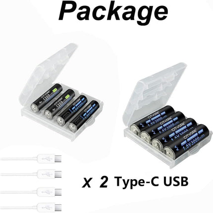 CITYORK USB-C AA AAA Rechargeable Batteries Lithium Rechargeable, 4 pieces 1.5V AA batteries 3000mWh and 4 pieces AAA batteries 1200mWh with 4-in-1 USB charging cable