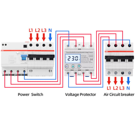 Ülepingekaitse 230V/400V AC reguleeritav pingekaitse STVP-932 3-faasiline LCD multifunktsionaalne iselähtestuv pingekaitse (63A)