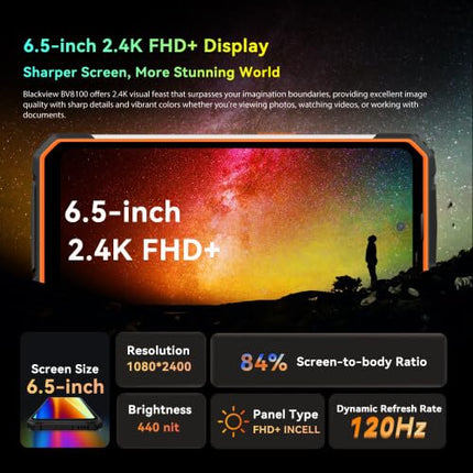 Blackview BV8100 lepinguta õues kasutatav nutitelefon, kahe LED-taskulampiga, 24 GB + 256 GB, 6,5'' 120 Hz 2,4K FHD+, 50 MP kaamera, 8800 mAh aku, IP68 Android 14 veekindel ja vastupidav telefon, GPS NFC must