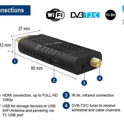 Edision Nano T265+ maapealse DVB-T2 ja kaabel-DVB-C HDMI dongle vastuvõtja, H265 HEVC, FTA, Full HD, PVR, USB, HDMI, IR, USB WiFi tugi, universaalne 2-ühes kaugjuhtimispult, must