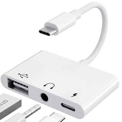 【3 ühes】USB C - 3,5 mm pistikupesa kõrvaklappide adapter laadijaga OTG USB-adapter, C-tüüpi Aux Audio kõrvaklappide pesa jaotur Samsung Galaxy S22/S21/S20 iPad Pro Air Pixel 6/5/4 (valge)