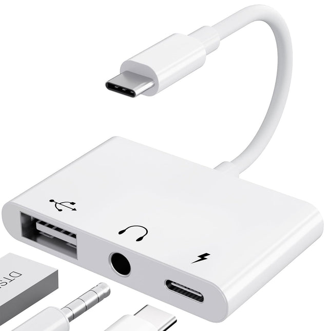 【3 ühes】USB C - 3,5 mm pistikupesa kõrvaklappide adapter laadijaga OTG USB-adapter, C-tüüpi Aux Audio kõrvaklappide pesa jaotur Samsung Galaxy S22/S21/S20 iPad Pro Air Pixel 6/5/4 (valge)