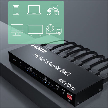 XYKJOBC 4K 60Hz 6x2 HDMI maatriks 6 sisendi 2 väljundi HDMI jaoturi lüliti 4x2 HDMI maatriksi audio-video muundur EDID-ga PC TV kahe monitori jaoks (6x2 HDMI maatriks)