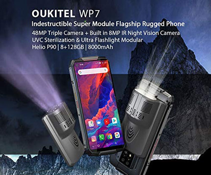 OUKITEL WP7 Flagship Outdoor Smartphone without Contract, 48MP Triple Camera + 8MP IR Night Vision Camera, 16MP Front Camera, Helio P90 8GB + 128GB, 8000mAh Battery, NFC, 6.53” FHD+ Rugged Smartphone Black
