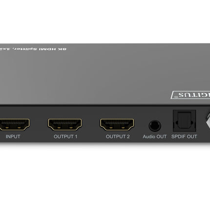 DIGITUS DS-55339 HDMI jaotur 1x2 – sisend: 1 port/väljund: 2 porti – UHD 8K/60 Hz HDTV: 7680 × 4320p – HDCP 2.3 ja HDMI 2.1 – HDR, Deep Color, EDID-lüliti – Toslink, Stereo (3,5 mm)