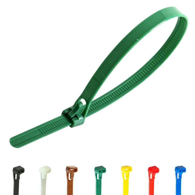Gocableties Cable Ties Resealable Green, 250 mm x 7.6 mm, 100 Pieces, Premium Quality Releasable, Reusable Set