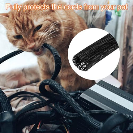 sourcing map 2.4cm 7.6m Black Split Sleeve Wire Braided Sleeving Self-Coiling Braided Sleeve UL94-V2 Flame Resistant PET Sleeve for Automotive Home Cable Management