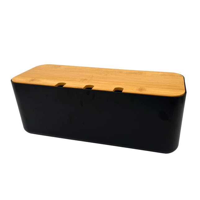 Cable box socket box cable collector storage box for cable management charging cables, ABS plastic with ventilation, wooden texture organizer 36 x 13.5 x 13 cm (Black L)