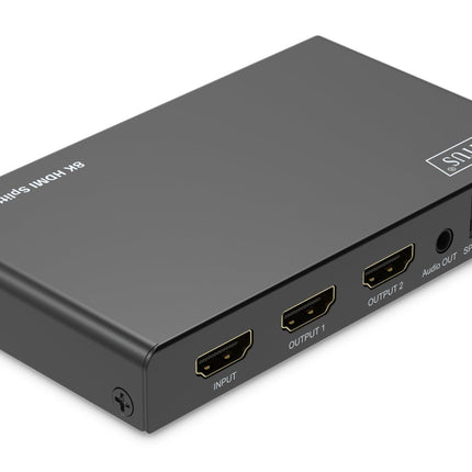 DIGITUS DS-55339 HDMI jaotur 1x2 – sisend: 1 port/väljund: 2 porti – UHD 8K/60 Hz HDTV: 7680 × 4320p – HDCP 2.3 ja HDMI 2.1 – HDR, Deep Color, EDID-lüliti – Toslink, Stereo (3,5 mm)