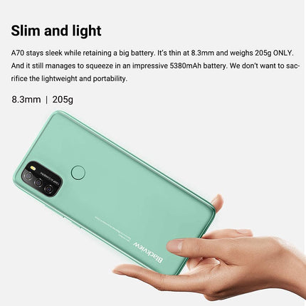 Blackview A70 Android 11 nutitelefon ilma lepinguta, 6,5-tolline HD+ ekraan, 8,3 mm õhuke ja kerge, 5380mAh aku, kaheksatuumaline 3GB+32GB, 13MP+5MP, kahe SIM-kaardiga 4G telefon, näotuvastus ja sõrmejäljelugeja, must