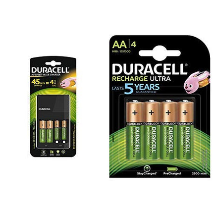 Duracell 4-hour, 1-count charger &amp; Ultra HR6DX1500 low-discharge batteries (2500mAh) 4-pack