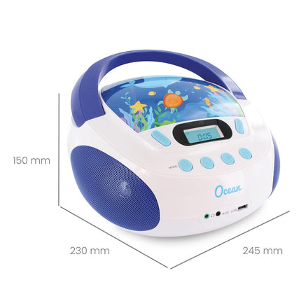 mooov 477170 CD Player for Children with Speakers, USB, Headphone Jack, AUX-IN Port - Boombox CD Player Portable - Mains or Battery Operated - Ocean Model - Blue/White