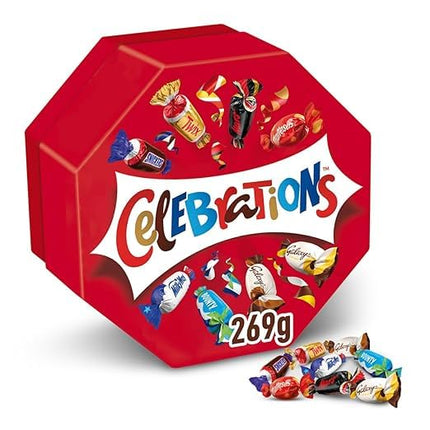 CELEBRATIONS kinkekarp 4x 269g Sünnipäev Jõulud Piimašokolaadiküpsis Mars Snickers Twix Bounty Milky Way Galaxy Karamell Maltesers Teaserid