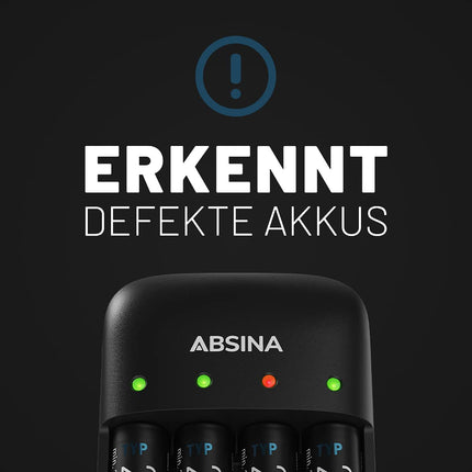 ABSINA akulaadija AA AAA ja 9V - NiMH laadija akude jaoks, 4 sahtliga laetavatele akudele - akulaadija AAA, AA ja 9V plokkidele - akulaadija, akulaadija