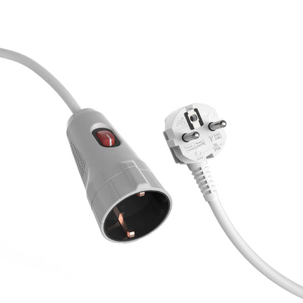 MutecPower 5-meetrine pikenduskaabel lülitiga pistikul, Schuko pikenduskaabel lülitiga, 90° nurgaga pistik, IP20 kaitsekontakt ja kaitsekontaktiga ühendus kuni 250V 16A - 5m valge