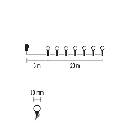 EMOS LED-valguskett kirsi värvi külmvalge sise- ja välistingimustes kasutamiseks, 20 m pikkune jõuluvalguskett 200 pallikujulise LED-iga, läbimõõduga 1 cm, 8 valgusrežiimi, toiteallikas ja trafo, pidudeks, jõuludeks, kaunistuseks