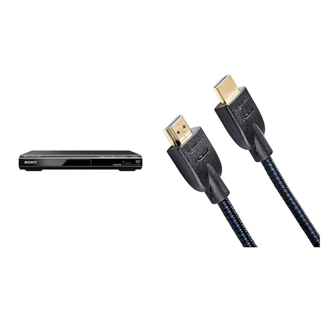 Sony DVP-SR760H DVD-mängija/CD-mängija (HDMI, 1080p ülesskaleerimine, USB-sisend, Xvid-taasesitus, Dolby Digital) must ja Amazon Basics - punutud HDMI-kaabel, 0,9 m