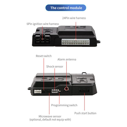 EASYGUARD EC207-M9-SR kahesuunaline autoalarmi turvakomplekt LCD-ekraaniga, käivitusnupuga, kaugjuhtimispuldiga, mootori käivitamisega, sireeniga, DC12 V