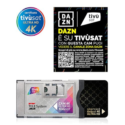 TELE Systemi Tivùsat 4K Ultra HD sertifitseeritud kaamera kanalite vaatamiseks kõrglahutusega ja 4K resolutsiooniga. Televiisori ja dekoodri pesaga kaamera, aktiivne kiipkaart kaasas. Serie A koos DAZN-iga tivùsatil.