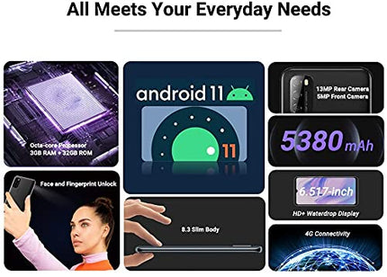 Blackview A70 Android 11 nutitelefon ilma lepinguta, 6,5-tolline HD+ ekraan, 8,3 mm õhuke ja kerge, 5380mAh aku, kaheksatuumaline 3GB+32GB, 13MP+5MP, kahe SIM-kaardiga 4G telefon, näotuvastus ja sõrmejäljelugeja, must