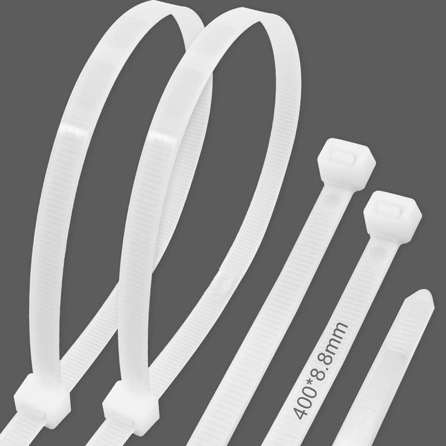 150-osaline professionaalne valge kaablisidemete komplekt, 400 mm x 8,8 mm suured kaablisidemed, UV-kindlad, kuumakindlad, keemiliselt vastupidavad, tõmbetugevusega 50 kg, kaablitee hoidikule