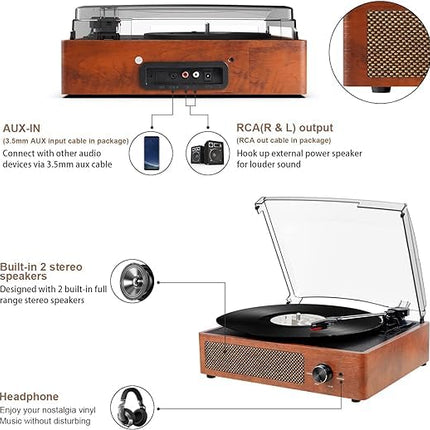 Vinyl Record Player Bluetooth Record Player with Built-in Speakers Vintage Record Player Record Player with 3-Speed ​​33/45/78 U/Auto-Stop RCA/Aux-in 3.5 mm