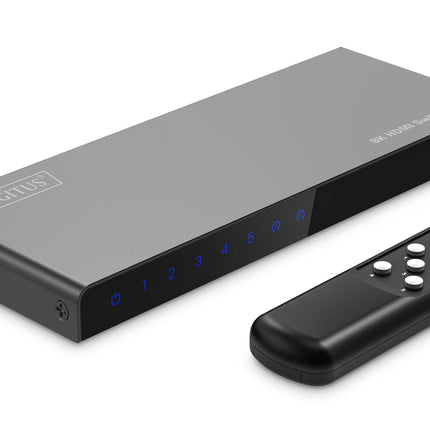 DIGITUS DS-55334 HDMI-lüliti 5x1 – 5 sisendit, 1 väljund – UHD 8K/60 Hz HDTV: 7680 × 4320p – HDCP 2.3 ja HDMI 2.1 – HDR, CEC, Deep Color, DTS, Dolby Digital, LPCM – teleri, monitori, PS5, PS4, Xboxi jaoks
