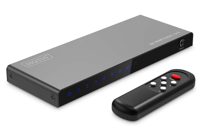DIGITUS DS-55334 HDMI-lüliti 5x1 – 5 sisendit, 1 väljund – UHD 8K/60 Hz HDTV: 7680 × 4320p – HDCP 2.3 ja HDMI 2.1 – HDR, CEC, Deep Color, DTS, Dolby Digital, LPCM – teleri, monitori, PS5, PS4, Xboxi jaoks