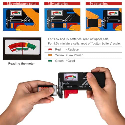 Analog Battery Tester Household Battery Tester BT-168 Small Multi Size Battery Tester for AA AAA CD 15V 9V Button Cell Batteries Ideal for Home School Office No batteries required for operation