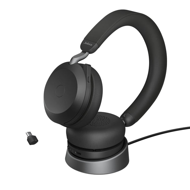 Jabra Evolve2 75 juhtmevabad arvutipeakomplektid laadimisdokiga, 8-mikrofoni tehnoloogia - kahekordse vahuga stereokõrvaklapid täiustatud aktiivse mürasummutusega, USB-C Bluetooth-adapter ja UC-ühilduvus - must