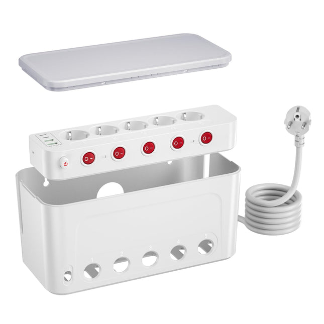 Kaablikarp pikendusjuhega, valge, 5-suunaline mitme pistikupesaga ülepingekaitse, 5 pistikupesa ja 4 USB-d, kaablikorraldaja, pikendusjuhe, eraldi lülitatav lauakorraldaja, kaablihalduskarp