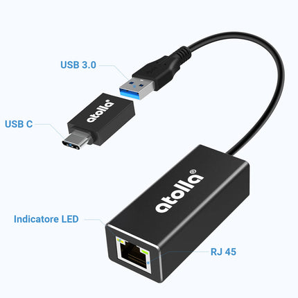 Atolla USB Etherneti adapter, USB C Etherneti kaabel RJ45 1000 Mbps alumiiniumist, ühildub Macbooki, Windowsi, Mac Pro, sülearvuti, arvuti ja teiste seadmetega