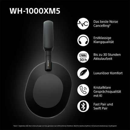 Sony WH-1000XM5 juhtmevabad Bluetooth-mürasummutavad kõrvaklapid (30-tunnine aku tööiga, puutetundlik andur, rakendus Headphones Connect, kiire laadimine, Amazon Alexa jaoks optimeeritud, mikrofoniga peakomplekt) mustad