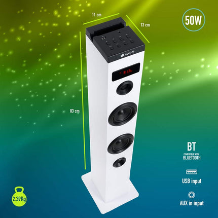 NGS Sky Charm White - 50W Bluetooth Sound Tower with Remote Control, Optical Input, USB, FM Radio and AUX IN (White)
