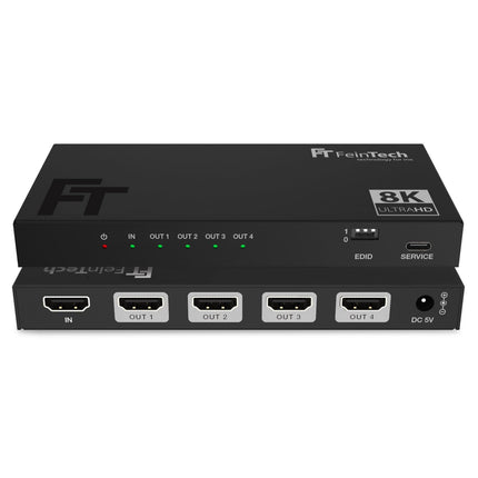 FeinTech SP410 HDMI 2.1 jaotur 1 sisend 4 väljundit - 4K 120Hz 8K VRR ALLM, jaotur koos allaskaleerijaga 4 monitori jaoks, CEC läbilaskevõime, ühildub HDCP 2.3, HDR ja Dolby Visioniga