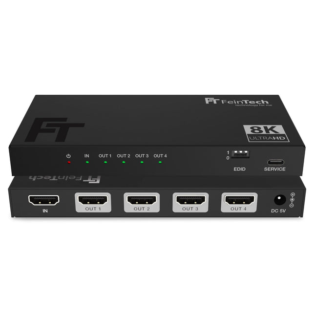 FeinTech SP410 HDMI 2.1 jaotur 1 sisend 4 väljundit - 4K 120Hz 8K VRR ALLM, jaotur koos allaskaleerijaga 4 monitori jaoks, CEC läbilaskevõime, ühildub HDCP 2.3, HDR ja Dolby Visioniga