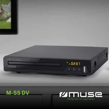 Muse M-55 DV Full HD DVD-mängija, ühildub DVD+R/RW, CD, CD-R/RW, MP3, JPEG ja Xvid taasesitusega, LED-ekraan, HDMI- ja USB-port, pult kaasas
