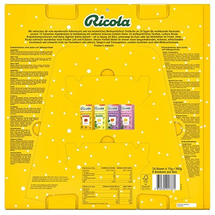 Ricola advendikalender 2024, 24 luuki erinevate Šveitsi ürdikommide seguga, magusainetega ja ilma, 1 x 360g