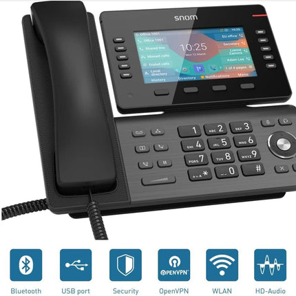 Snom D865 IP-telefon, SIP-lauatelefon, 5-tolline IPS-värviline ekraan 1280 x 720 pikslit, 12 SIP-identiteeti, 10 programmeeritavat funktsiooniklahvi, WiFi NFC, Bluetooth, 3-aastane tootjagarantii, must, 00004536