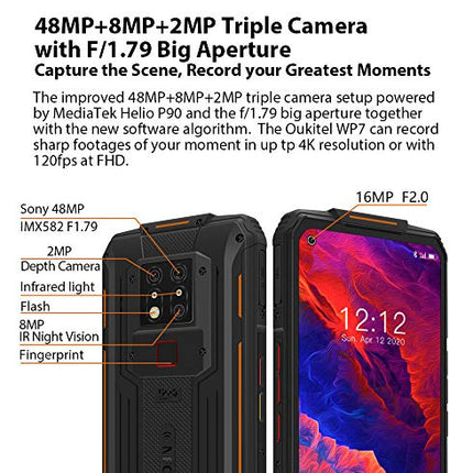 OUKITEL WP7 Flagship Outdoor Smartphone without Contract, 48MP Triple Camera + 8MP IR Night Vision Camera, 16MP Front Camera, Helio P90 8GB + 128GB, 8000mAh Battery, NFC, 6.53” FHD+ Rugged Smartphone Black