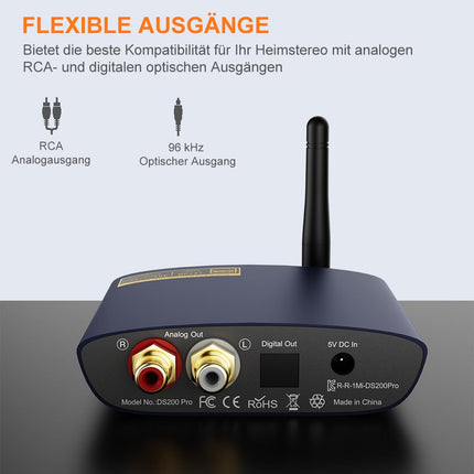 1Mii HiFi Bluetooth 5.3 muusikavastuvõtja koduse stereosüsteemi jaoks LDAC-iga, Bluetooth-heliadapter Audiophile DAC-iga aptX HD, RCA optiline väljund AV-vastuvõtja või stereovõimendi jaoks - DS200Pro sinine