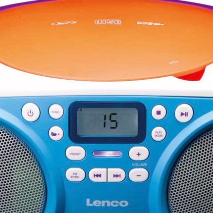 Lenco SCD-41 - CD-mängija lastele - CD-raadio - stereosüsteem - boombox - FM-raadio tuuner - USB-port - MP3 - 2 x 1 W RMS-toide - töötab vooluvõrgust ja akudest - värviline