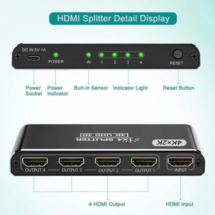 HDMI jaotur 1 sisend 4 väljundit - 4k HDMI jaotur 1 sisend 4 väljundit toetab HDCP 1.4 4K 3D UHD 1080P - HDMI jaotur 4 monitori samaaegselt HD TV Fire Stick Xbox PS3 PS4 jaoks