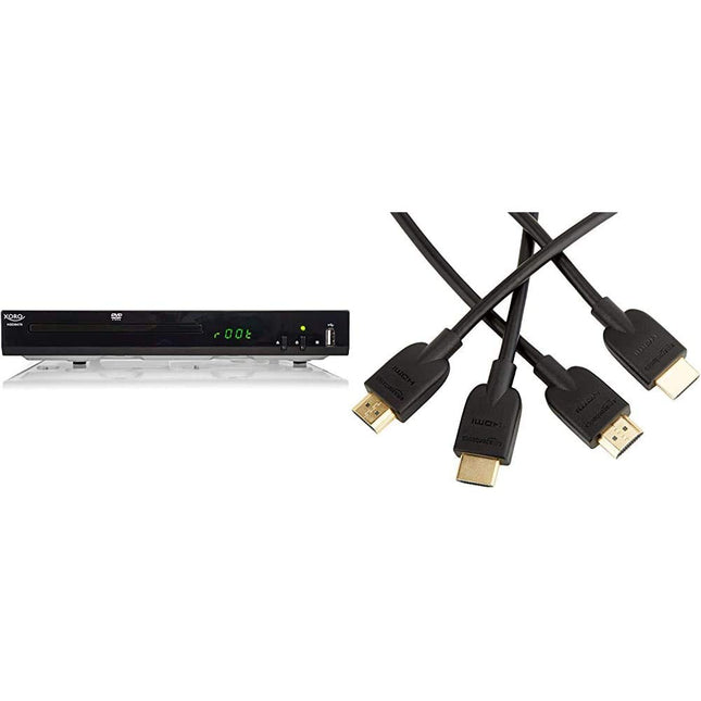 Xoro HSD 8470 HDMI MPEG4 DVD-mängija (USB 2.0, meediapleier, 1080p ülesskaleerimine, MultiROM) must ja Amazon Basics kiire HDMI 2.0 kaabel, 3D, 4K video taasesitus ja ARC, 0,9 m, 2 tk pakis