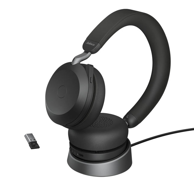 Jabra Evolve2 75 juhtmevabad arvutipeakomplektid laadimisdokiga, 8-mikrofoni tehnoloogia - kahekordse vahuga stereokõrvaklapid täiustatud aktiivse mürasummutusega, USB-A Bluetooth-adapter ja MS-ühilduvus - must