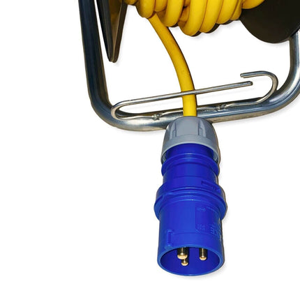 CEE camping cable reel with 25m armored cable in signal color yellow CEE plug and CEE coupling - 230V cable reel IP44 - device reel Made in Germany