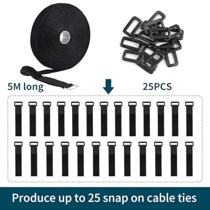 Adjustable cable ties with 25 buckles, 5 m x 2 cm, durable, reusable, hook and loop fastener for cable organization, free cutting length, wire management, cable organizer