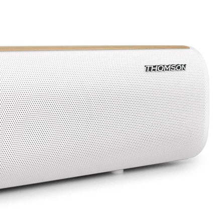 Thomson SB401BT heliriba – 200 W koguvõimsus – Bluetooth 5.0 – Optiline, USB ja AUX sisend – EQ eelhäälestused – Kaugjuhtimispult – LED-allikaindikaator – Seinale kinnitatav – Valge ja puidust disain