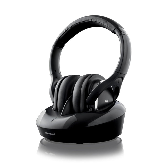Meliconi Headphones 600 PRO juhtmevabad kõrvaklapid laadimisjaamaga kuni 100 meetri ulatusega automaatne sageduse otsing TOSLINK, mustad, kõrvapealsed